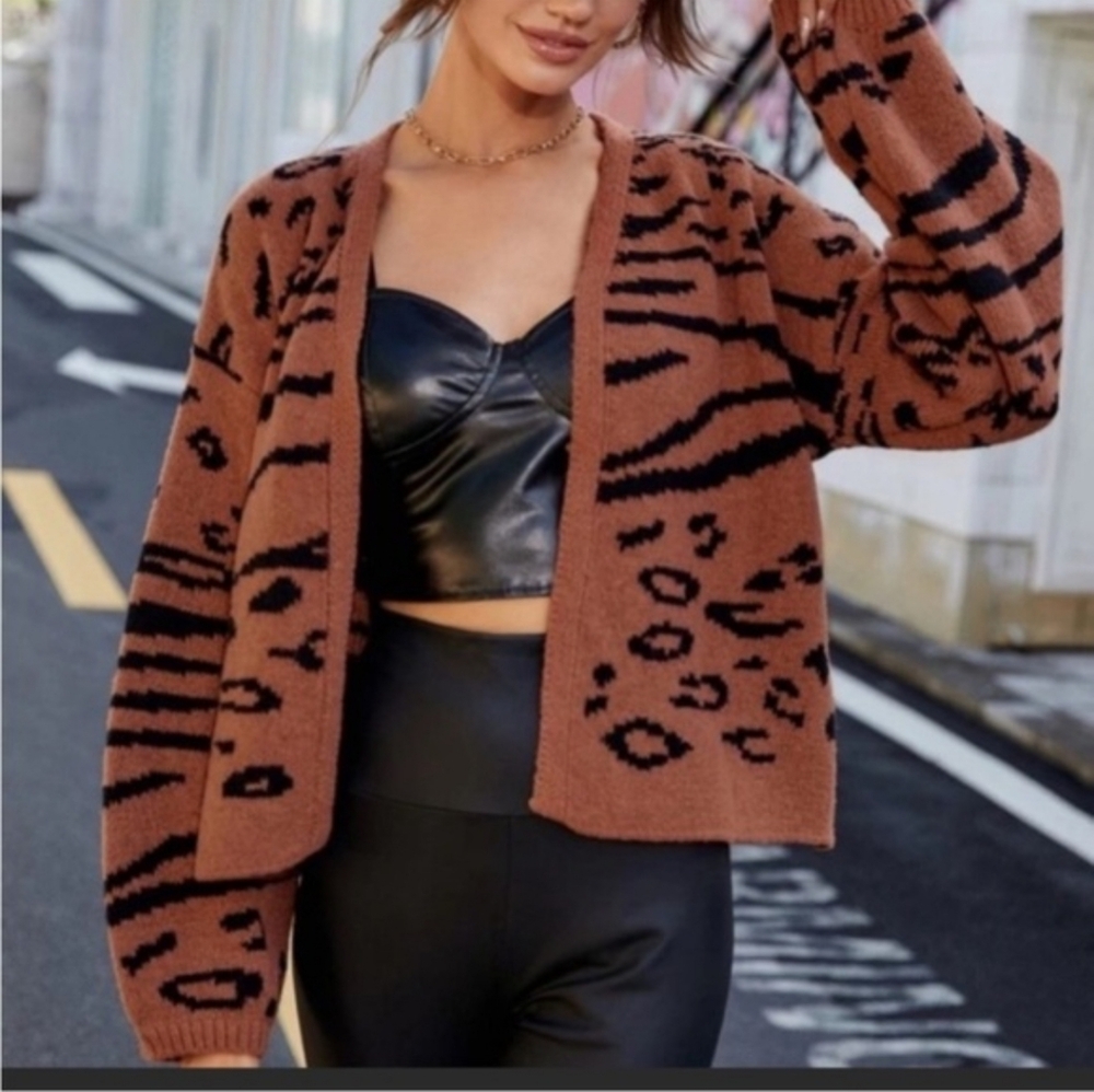 SALTWATER LUXE Juliet Animal Print Knit Cardigan Taupe Black Side Slit S NWT
